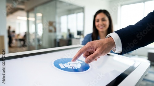 Business partnership handshake concept displayed on touchscreen tablet  
