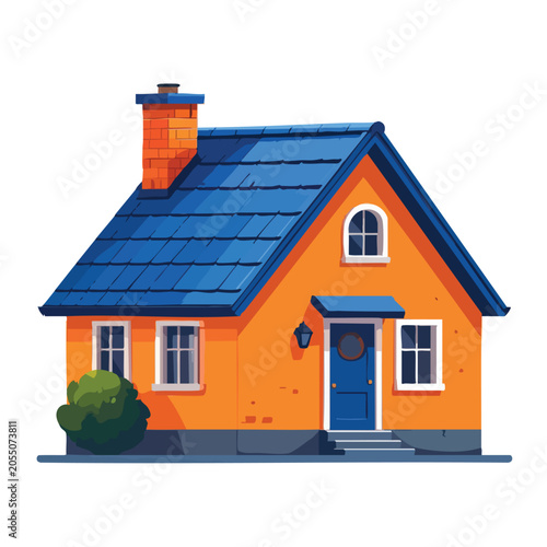 A charming cartoon style orange house with a blue roof and brick chimney.