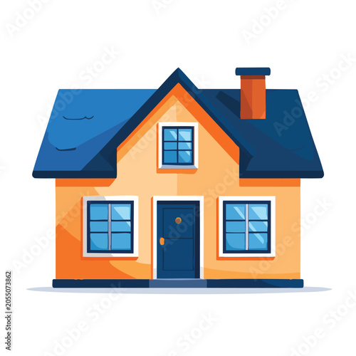 A cute cartoon illustration of a small residential house with a blue roof and chimney.