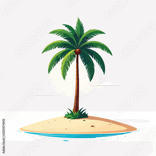 A single isolated tropical palm tree on a small sandy desert island.