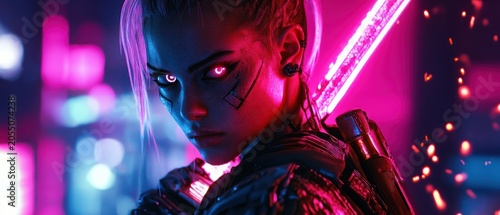 Futuristic cyborg woman with neon blade portrait