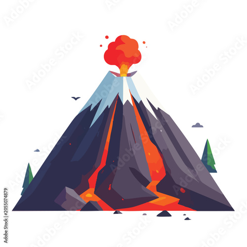 Stylized flat illustration of an erupting volcano with flowing lava.
