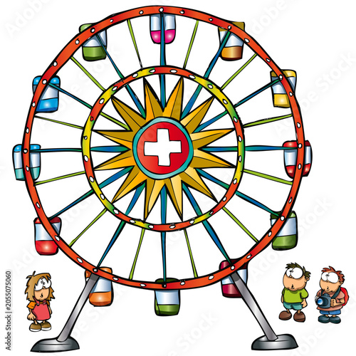 Colourful Ferris wheel illustration with kids admiring it