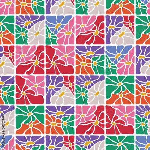 Colorful vintage vector flowers arranged in a grid seamless pattern creating a vibrant and cheerful design, suitable for textiles, wallpaper, or stationery