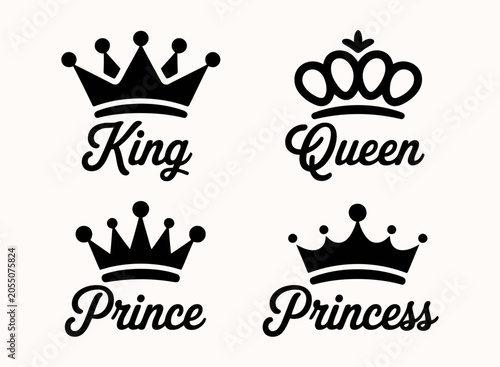 Photos A balanced and symmetrical design featuring four stylized royal crowns, each paired with a corresponding word in elegant cursive script