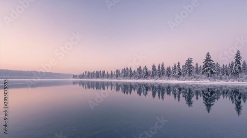  Scandinavian minimalist winter landscape at dawn. In the foreground, a perfectly still, frozen lake reflects a pastel pink and lavender sky. Along the shoreline, perfectly spaced pine trees dusted wi