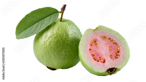 Konstfotografi Isolated fresh green guava fruit with leaf and a sliced pink guava half with see