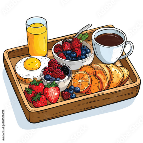 A wooden breakfast tray featuring a fried egg, fresh berries, orange slices, juice, and coffee.