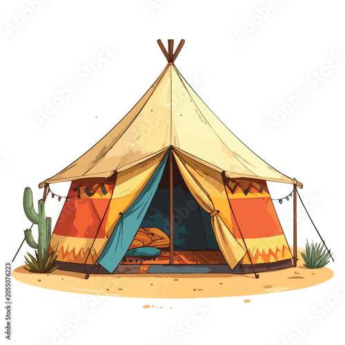 Illustrated camping teepee tent with vibrant patterns in a desert setting.
