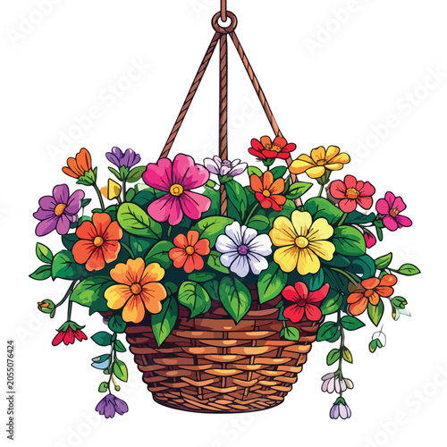 Vibrant hanging basket with a colorful assortment of blooming flowers.