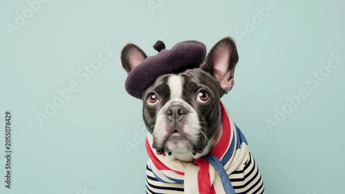 French bulldog in striped outfit and beret on light blue background