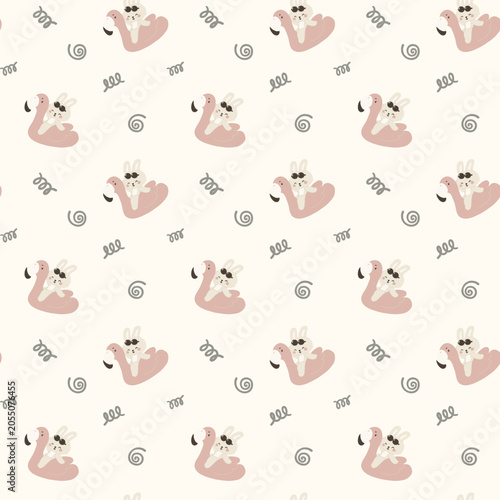 Coquette summer bunny rabbit with flamingo seamless pattern flat design soft color background