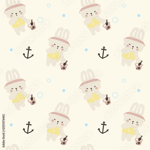Seamless pattern preppy retro bunny rabbit with bucket and anchor