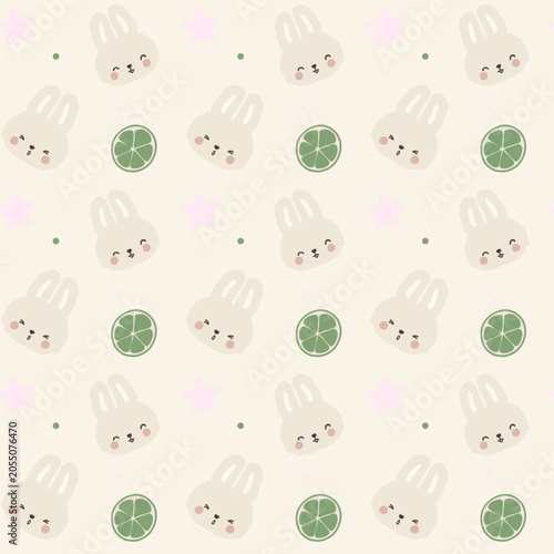 Cute coquette flat vector bunny face and lime slices seamless pattern on retro cream background