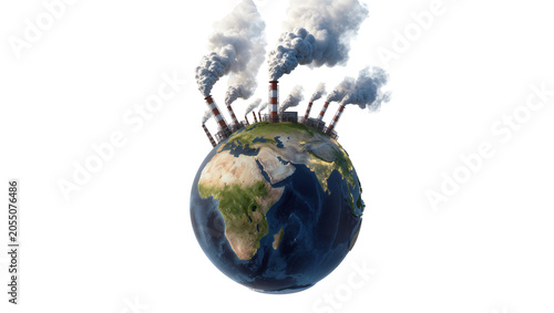 Isolated global pollution concept with factory smokestacks spewing harmful emissions