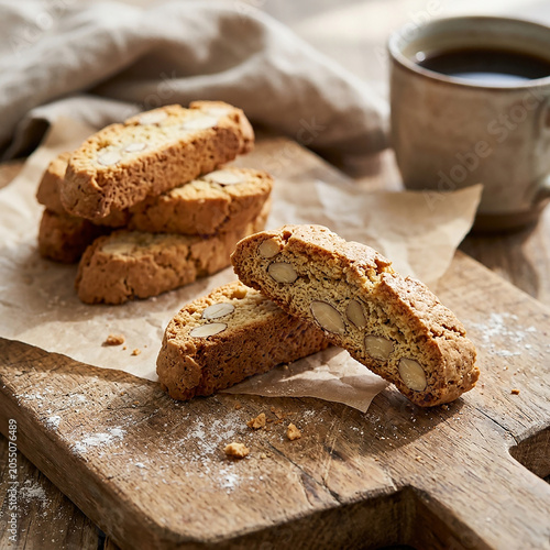 Freshly baked biscotti on wooden board with coffee cup morning breakfast setting