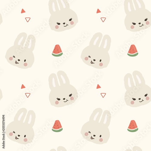 Preppy summer bunny rabbit sassy face and watermelon seamless pattern