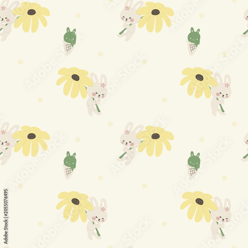 Preppy bunny rabbit with giant flower and matcha ice cream seamless pattern