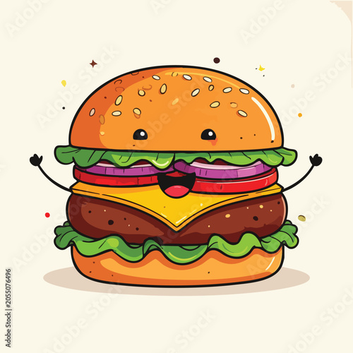 Cute cartoon hamburger character with a happy smiling face.