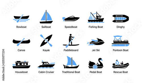 Various boat and watercraft icons arranged on white background