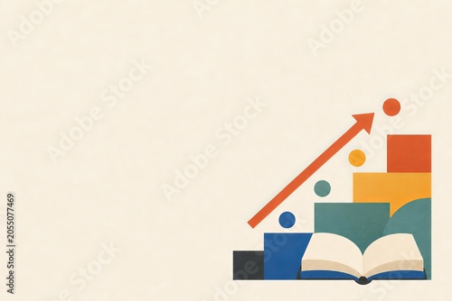 Flat Bauhaus inspired poster illustration of geometric steps, upward arrow and open book. Modern skill growth, learning progress and training hero concept.