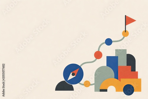 Flat Bauhaus inspired poster illustration of a curved learning path, compass shape, milestones and stacked blocks. Clean personalized study plan hero concept.