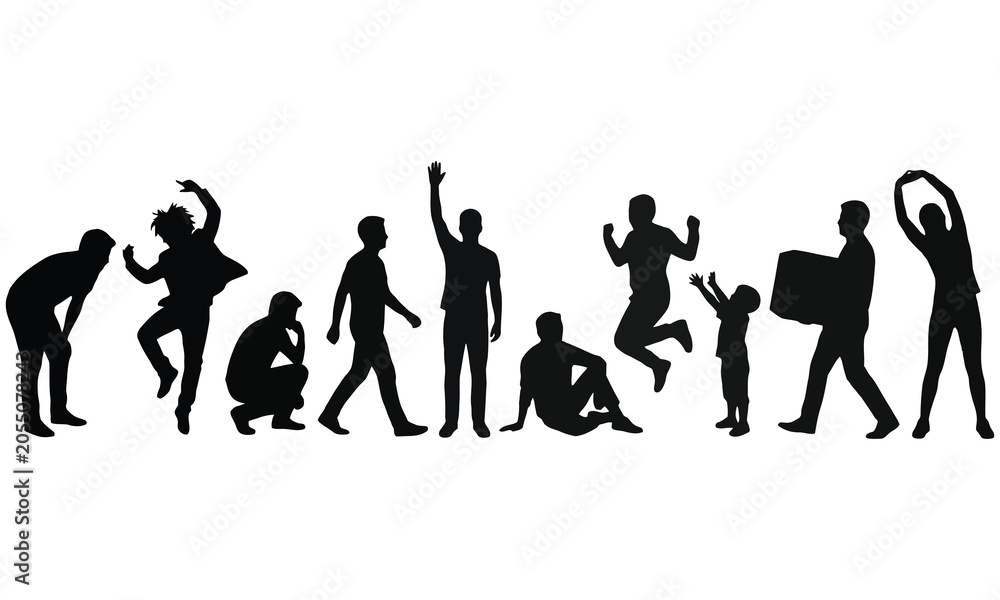 Obraz premium Assortment of black human silhouettes depicting a range of actions and emotions, isolated on white.