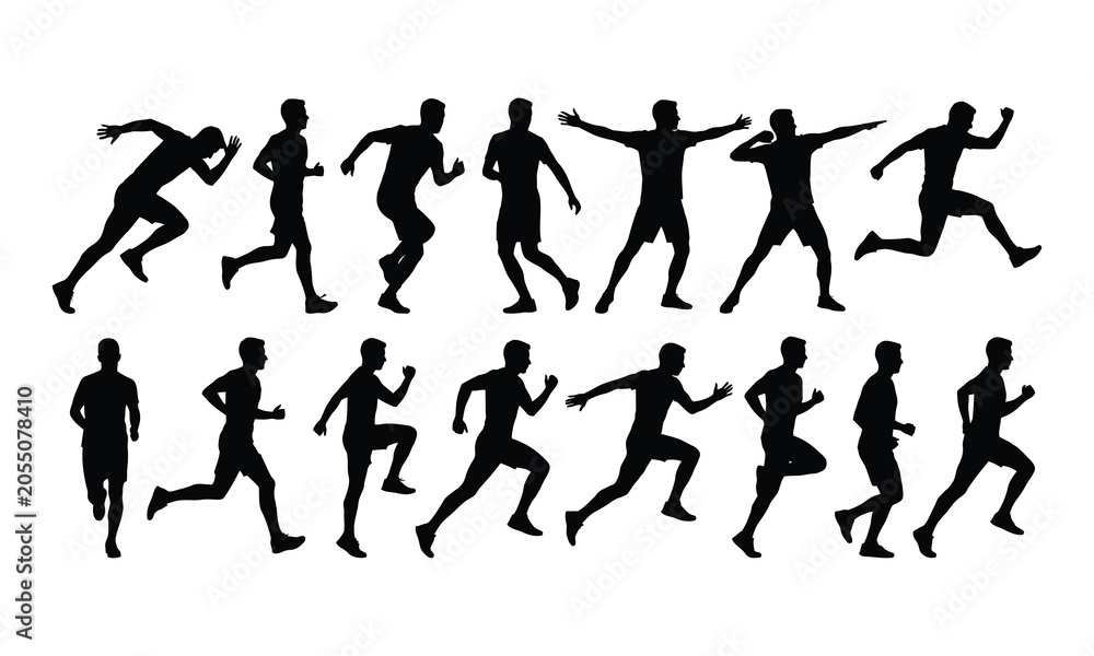 Obraz premium Collection of male runner silhouettes in various dynamic running poses and actions on white background.