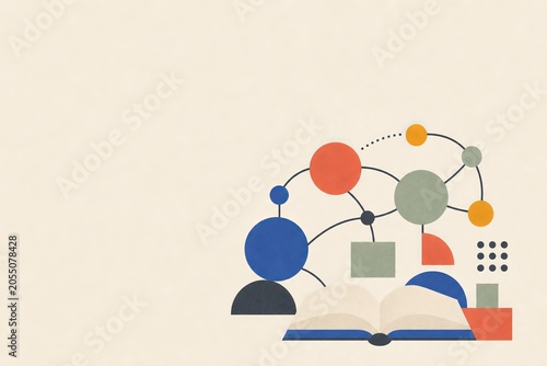 Flat Bauhaus inspired poster illustration of an open book and connected geometric nodes. Modern learning community, knowledge network and collaborative education hero concept.