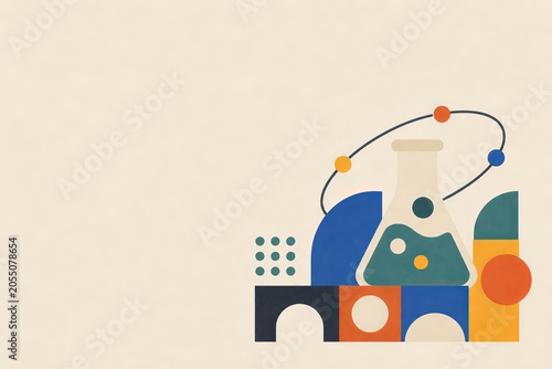 Flat Bauhaus inspired poster illustration of an abstract flask, orbit arc and geometric blocks. Modern STEM education, science learning and experimentation hero concept.