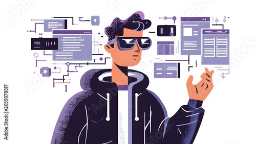 Stylish Young Man Wearing Hoodie and Glasses Interacting with Digital Interfaces