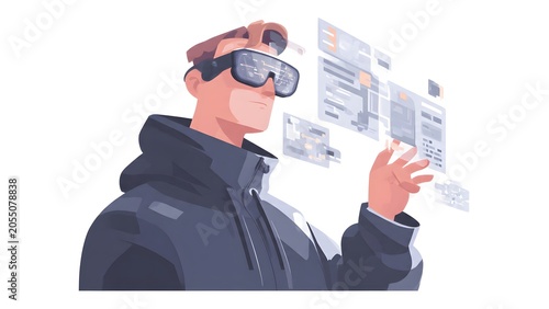 Futuristic Man Wearing Virtual Reality Goggles Interacting with Holographic Interfaces