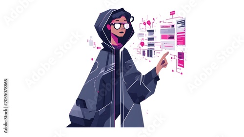 Futuristic Developer in Hooded Jacket Interacting with Holographic Interface