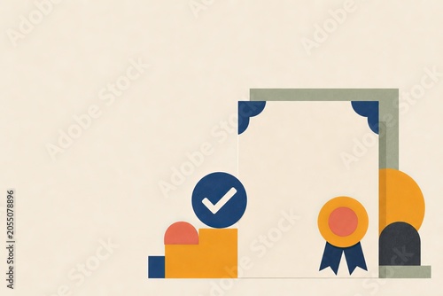 Flat Bauhaus inspired poster illustration of a blank certificate, seal ribbon and checkmark. Modern course completion, certification and professional training hero concept.