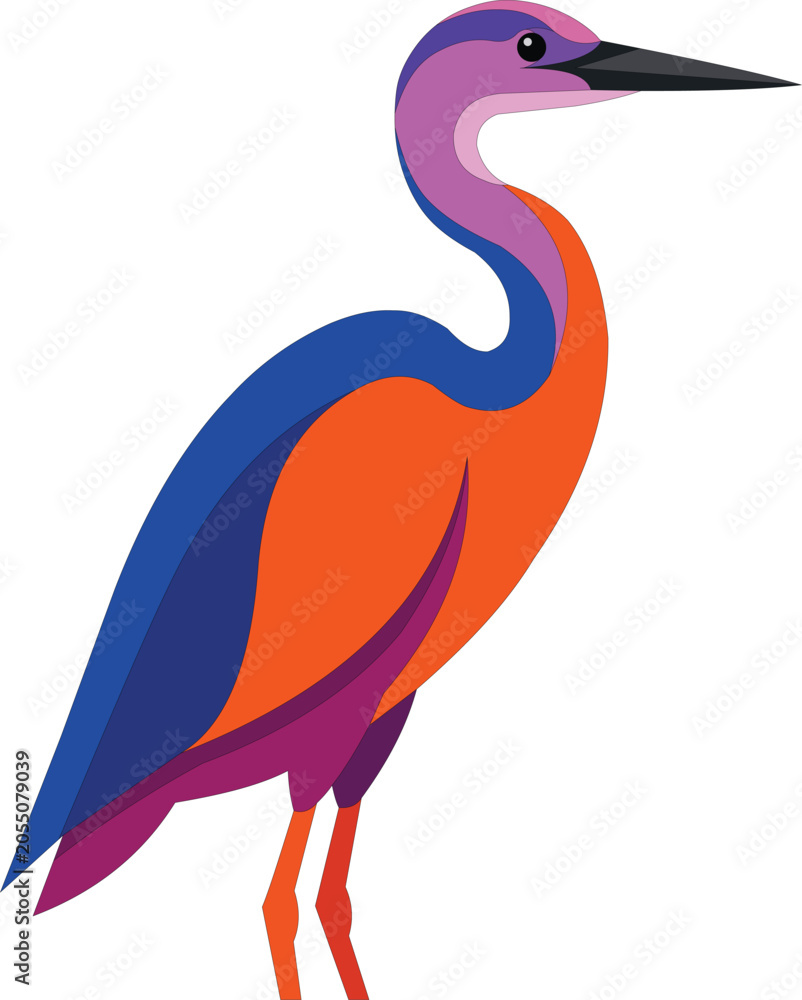 Fototapeta premium Colorful stylized illustration of a heron bird standing in profile