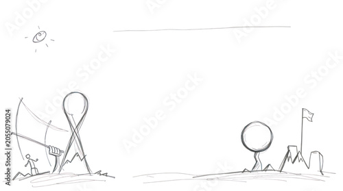 Foto Goal Achievement Stick Figure Archer Aiming at Distant Flag and Target Concept