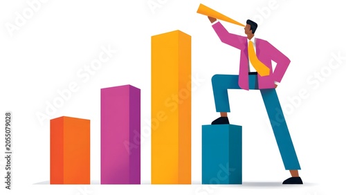 Confident Man Leading Growth in Colorful Bar Chart