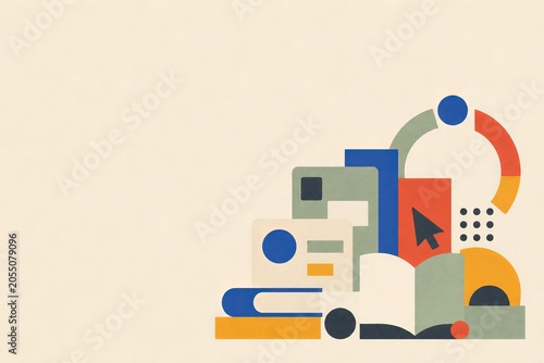 Flat Bauhaus inspired poster illustration of abstract course modules, open book shapes and progress geometry. Clean online learning platform hero concept with copy space.