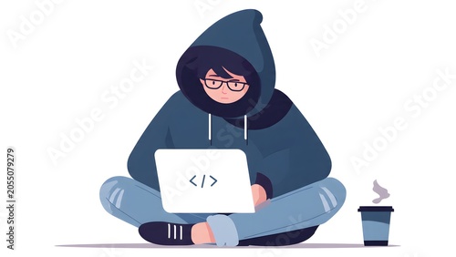 Hooded Young Coder Working on Laptop in Casual Street Setting