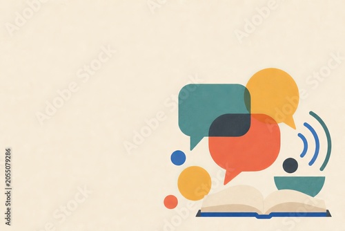 Flat Bauhaus inspired poster illustration of abstract speech bubbles, sound arcs and an open book. Clean language learning and conversation practice hero concept.