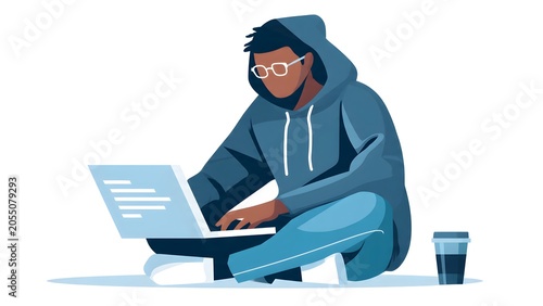 Young Man in Hoodie Working on Laptop Outdoors