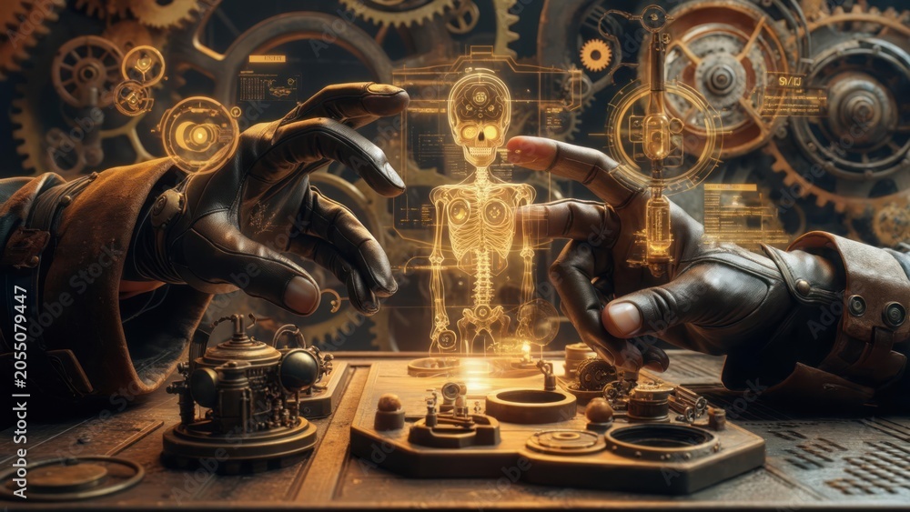 Fototapeta premium Steampunk hands interact with a holographic skeleton