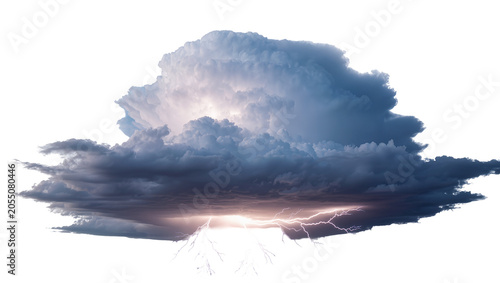 Schilderij op canvas Isolated dramatic stormy cloud with powerful, bright lightning bolts illuminatin
