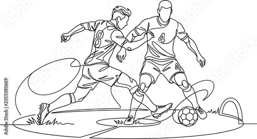 Foto Two soccer players competing for football continuous line art vector illustratio
