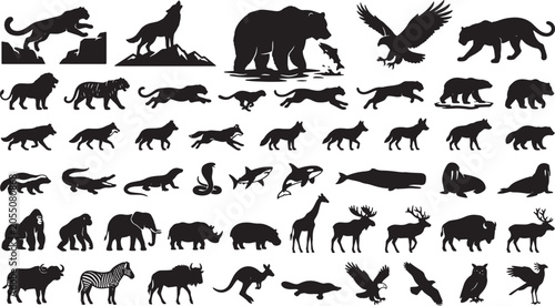 Canvas Print Diverse Wildlife Silhouette Collection: 50+ Wild Animals Vector Icons, Nature Fa