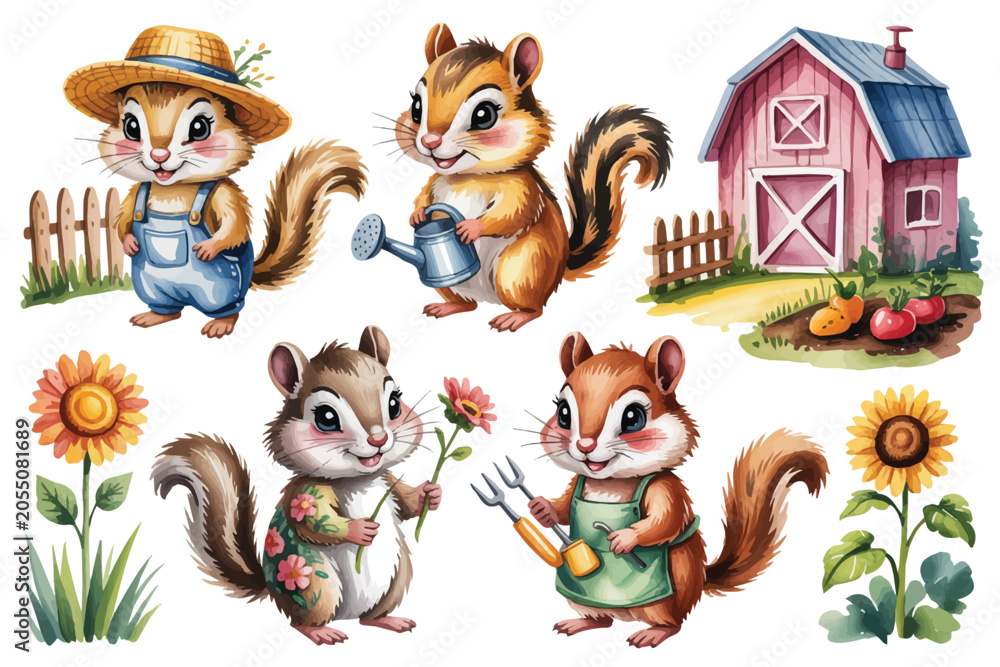 Obraz premium watercolor Chipmunk with farm home vector illustration isolated on white background