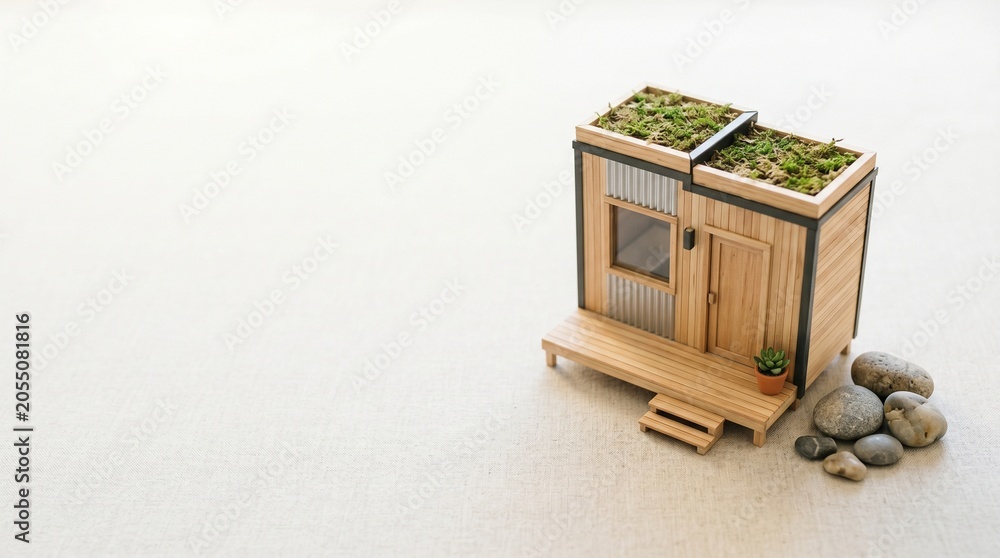 Fototapeta premium Miniature wooden house model with greenery on rooftop and stones 