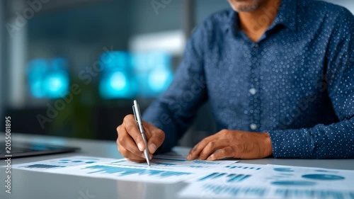 Business professional analyzing financial charts and graphs at modern office desk. Focused man in blue shirt reviewing data reports and making notes for strategic planning and decision making