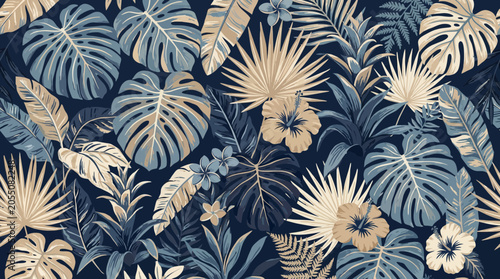 Tropical Leaves Pattern Seamless Background - Blue Beige Exotic Floral Design