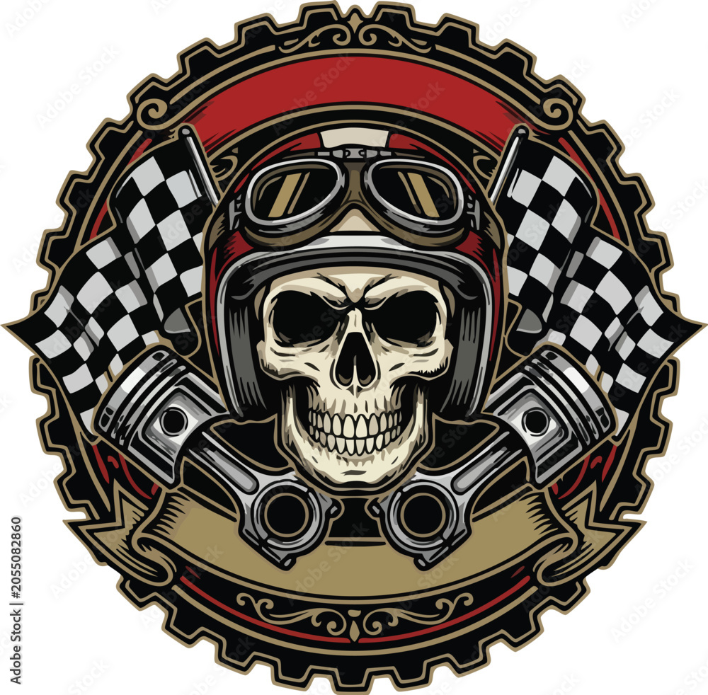 Fototapeta premium Vintage skull with racing helmet and checkered flags illustration